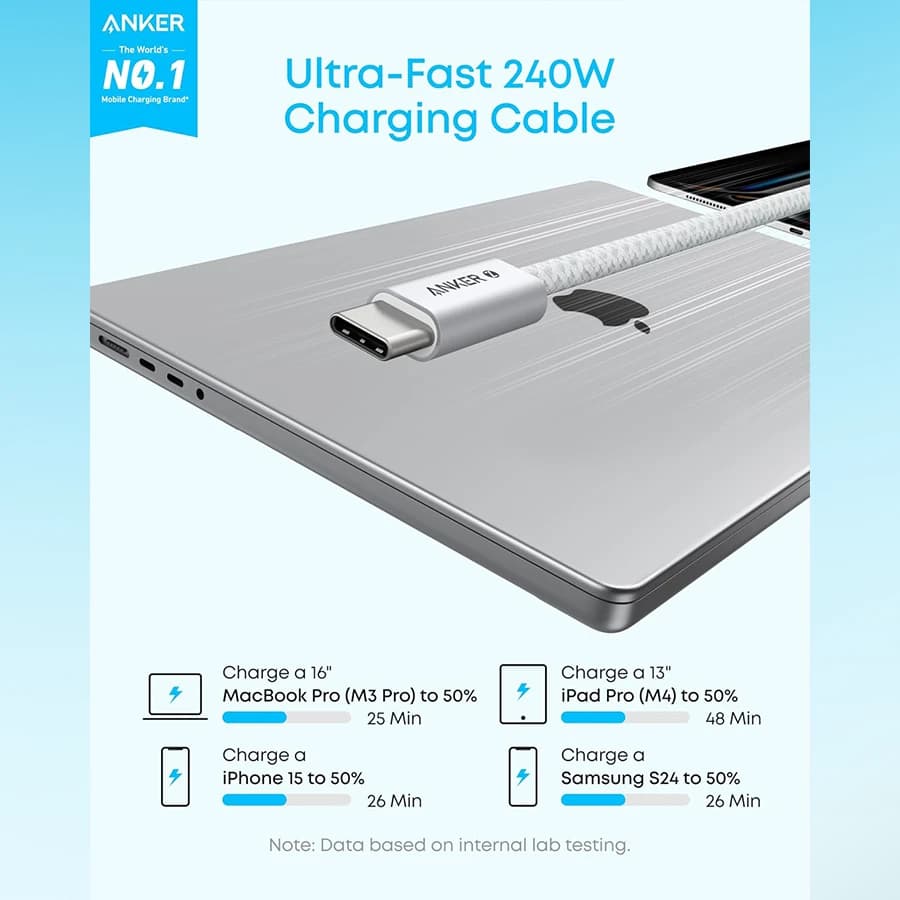 کابل شارژ USB-C به USB-C انکر Anker Zolo A8060 240W 1M White — تصویر ۲