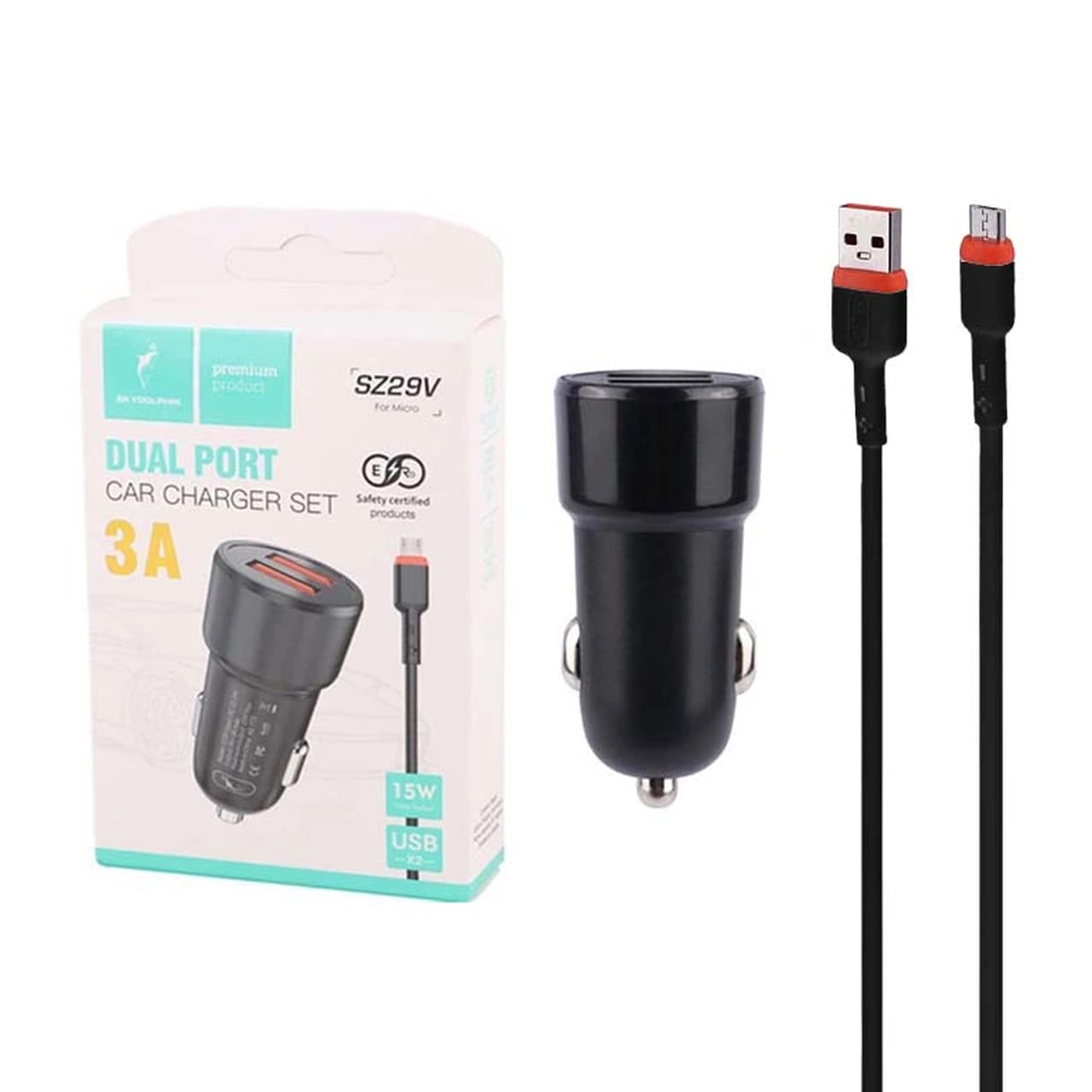 شارژر فندکی فست دو پورت Sky Dophin مدل SZ29T 15W به همراه کابل شارژ Type-C – مشکی – TCO