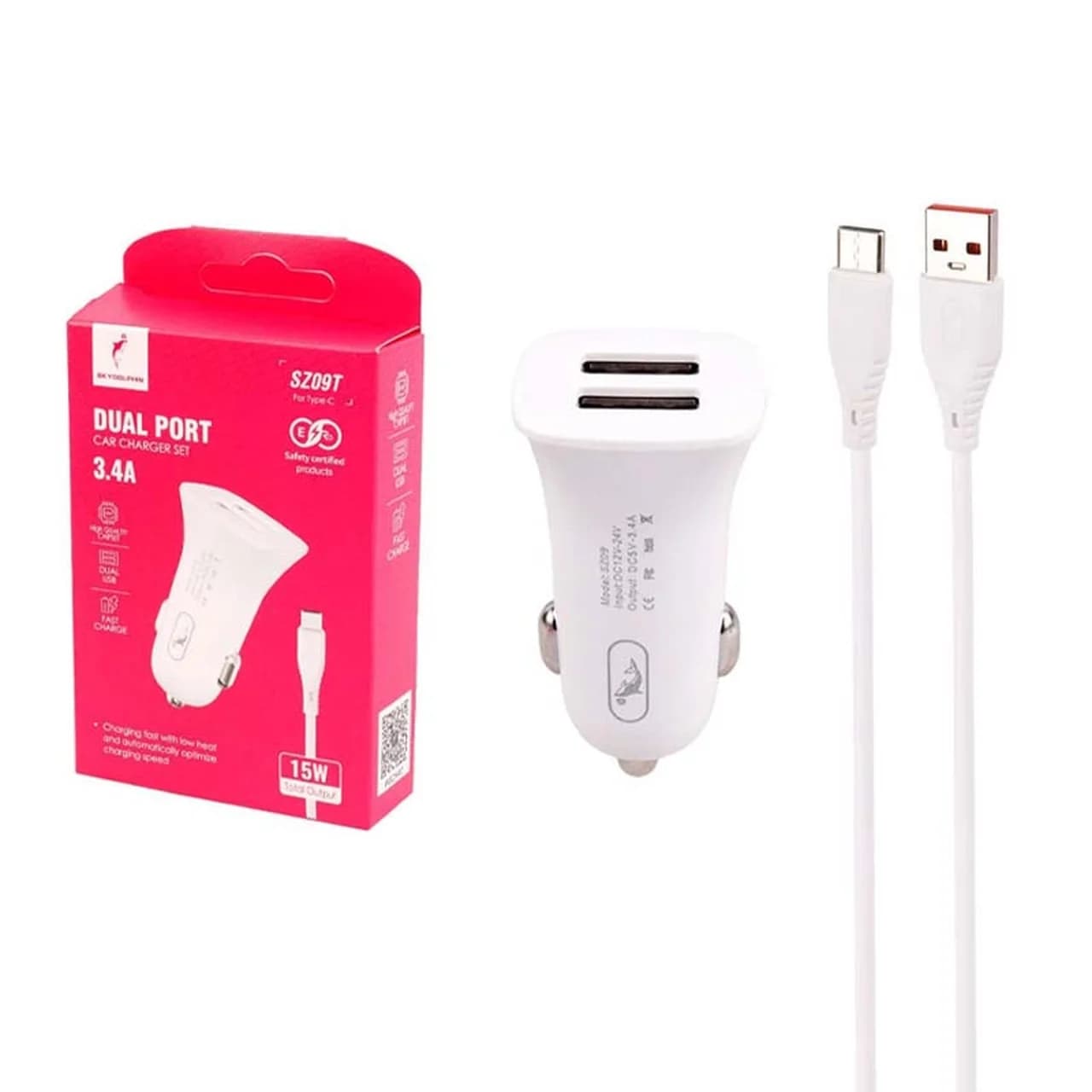 شارژر فندکی فست دو پورت Sky Dophin مدل SZ09T 15W به همراه کابل شارژ Type-C – سفید – TCO — تصویر ۴