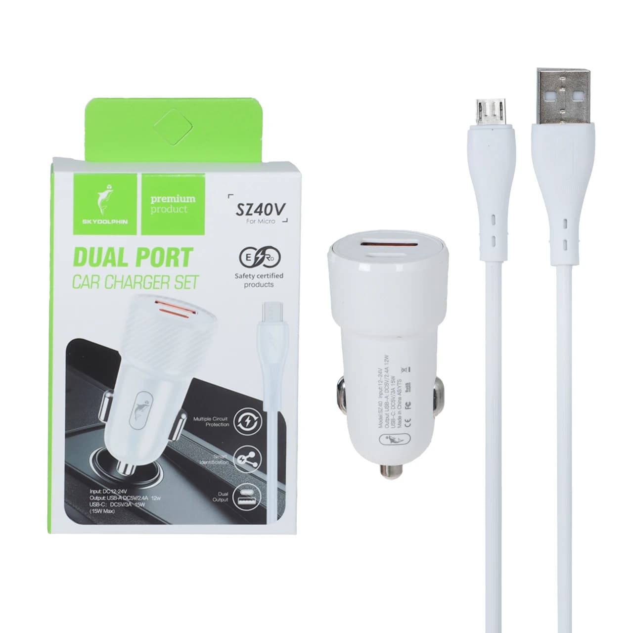 شارژر فندکی PD و فست دو پورت Sky Dophin مدل SZ40V 15W به همراه کابل شارژ اندروید – سفید – TCO