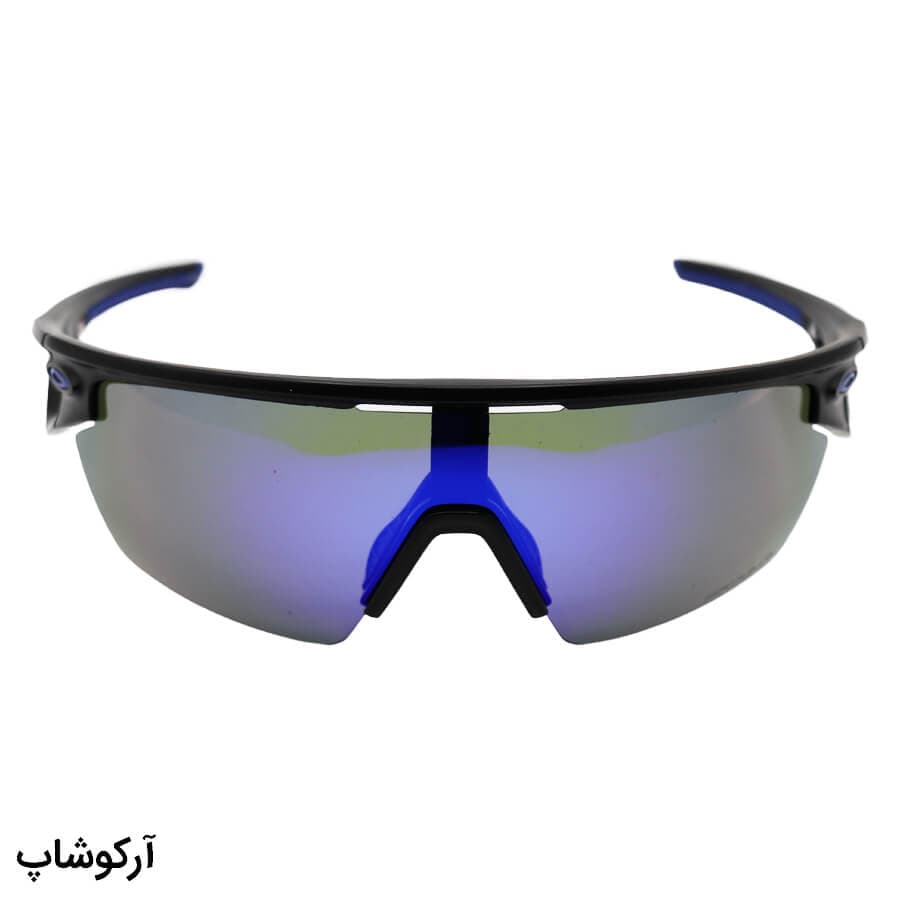 عینک ورزشی پلاریزه OAKLEY با فریم مشکی مات، از جنس کائوچو و لنز آینه‌ای و آبی رنگ مدل E-3804 — تصویر ۵