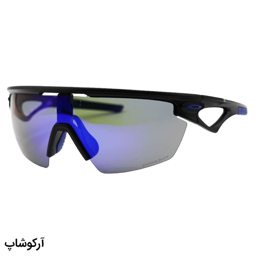 عینک ورزشی پلاریزه OAKLEY با فریم مشکی مات، از جنس کائوچو و لنز آینه‌ای و آبی رنگ مدل E-3804 — تصویر ۴