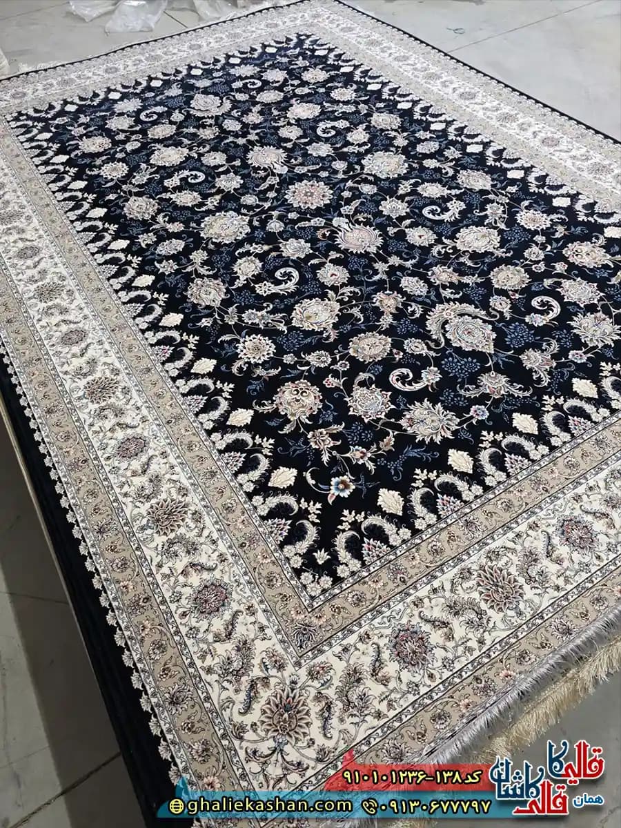 فرش 1200 شانه طرح افشان نگار رنگ سرمه ای کاشان — تصویر ۲