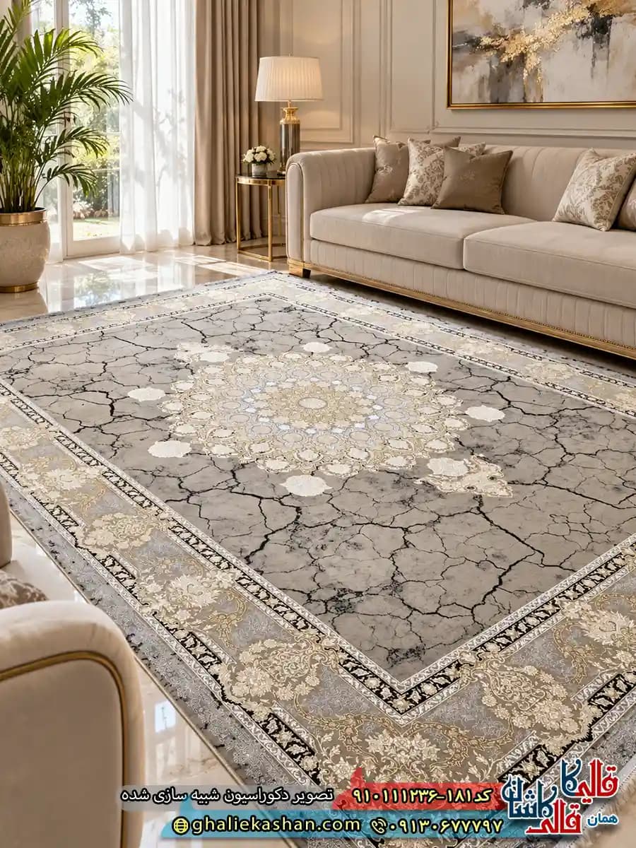 فرش طلاکوب 1200 شانه طرح صخره رنگ طوسی فیلی گل برجسته کاشان