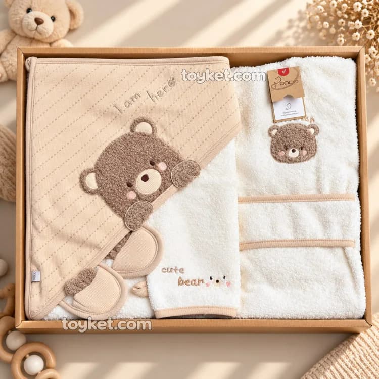 ست حوله جعبه ای ۴ تکه نوزاد پاپو مدل نورهان Papo