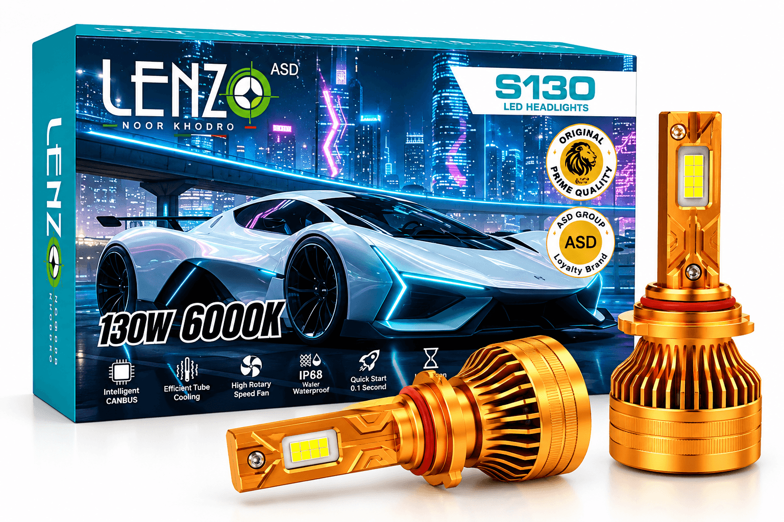 هدلایت خودرو نور یخی مدل S130 6000K پایه H4 برند LENZO