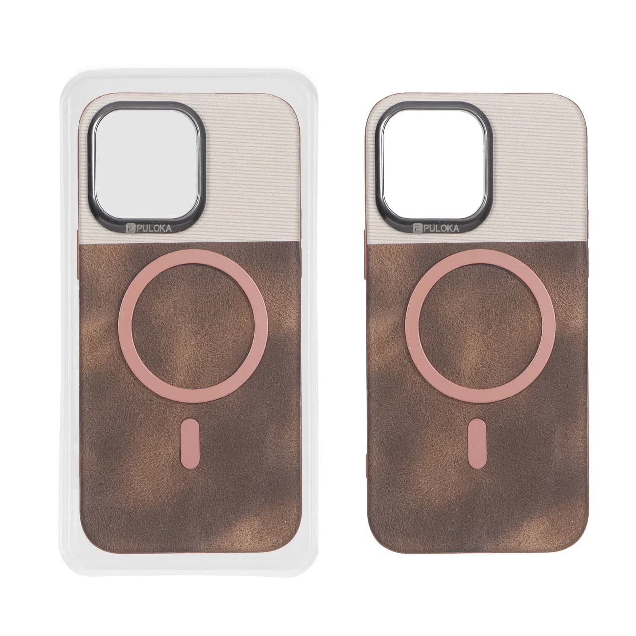 قاب Puloka دو تکه چرمی کبریتی Magnet فلزی دور لنز براق Apple iPhone 15 Pro Max — تصویر ۲