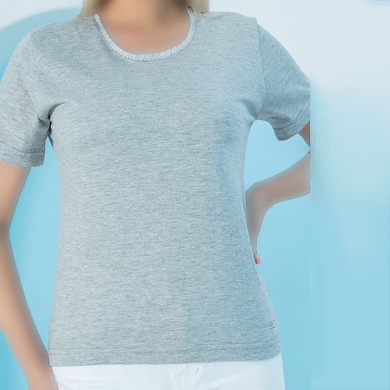 تیشرت زنانه یقه گیپور ساده طوسی ملانژ بلکس (نیکوتن پوش) کد 11412