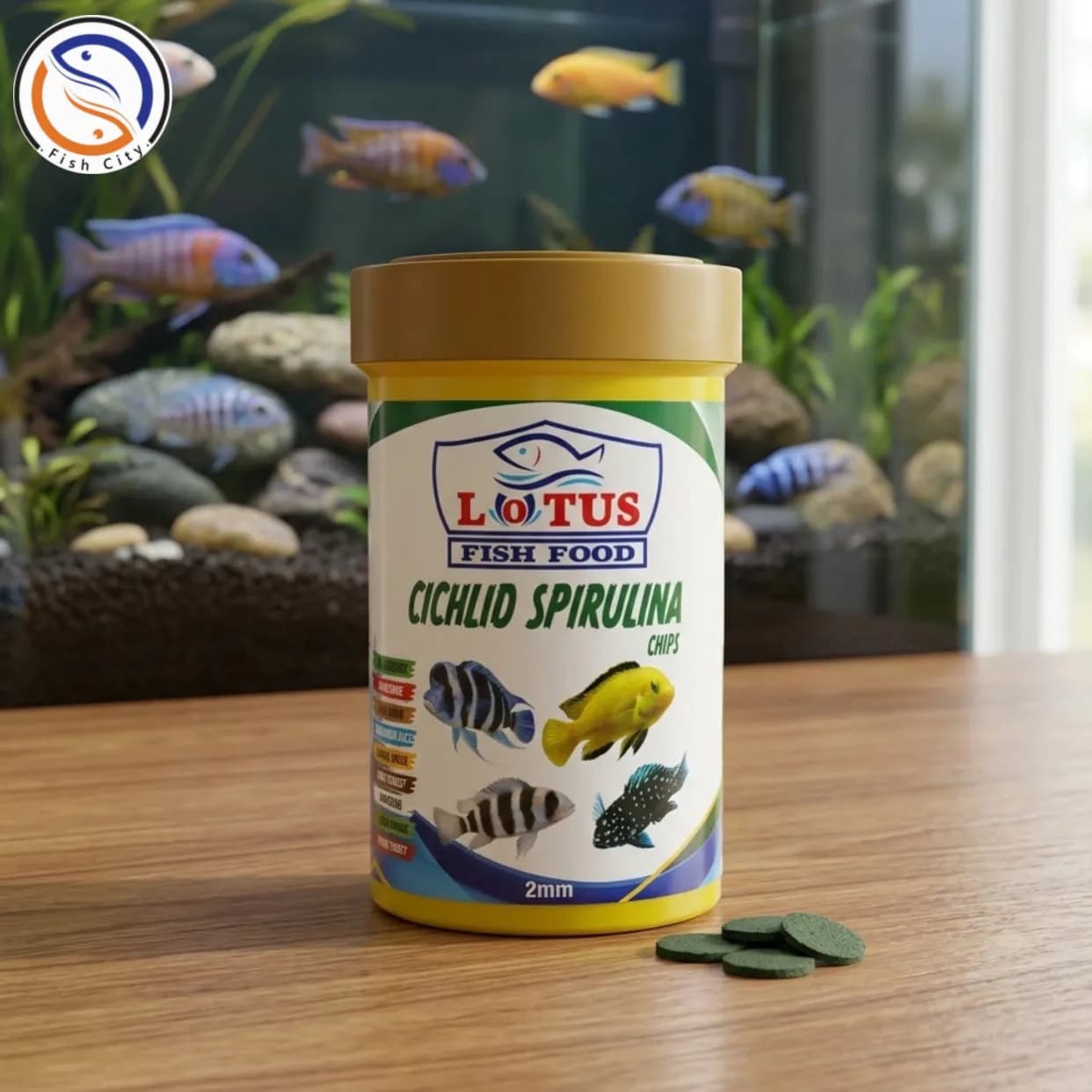 غذا ماهی اکواریوم برند لوتوس مدل Cichlid Spirulina Chipsحجم40گرم