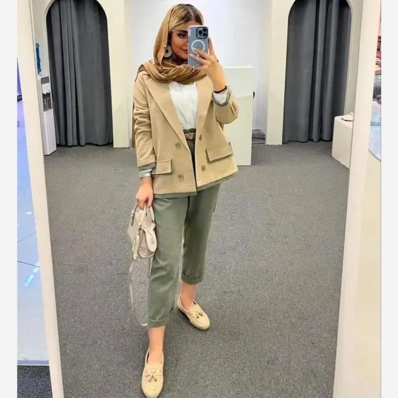ست کت و شلوار لنین تابستانه مدل سوری رنگ نسکافهای و سبز سایزبندی — تصویر ۶