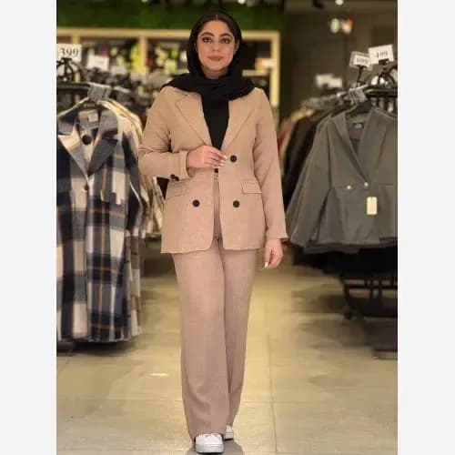 ست کت و شلوار زنانه جنس بابوس رنگ مشکی کرم استخونی سایز 38 تا 46 — تصویر ۵