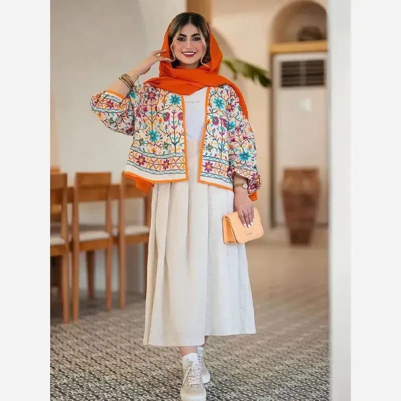 ست کت و دامن لینن فری سایز تا 48 تکرنگ — تصویر ۳