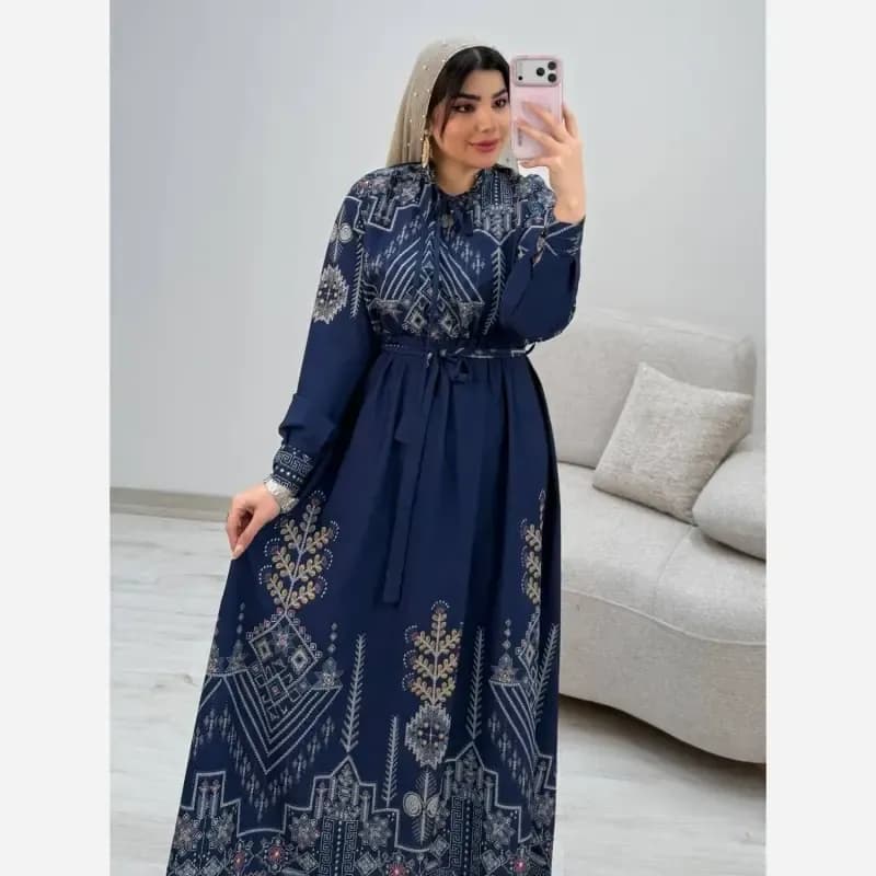 پیراهن ساحلی سنتی زنانه نخی فری سایز سرمهای و کلهغازی — تصویر ۲