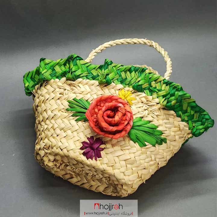 ساک زنبیل حصیری گلدار کوچک بچگانه سبز و قرمز کد SNV04
