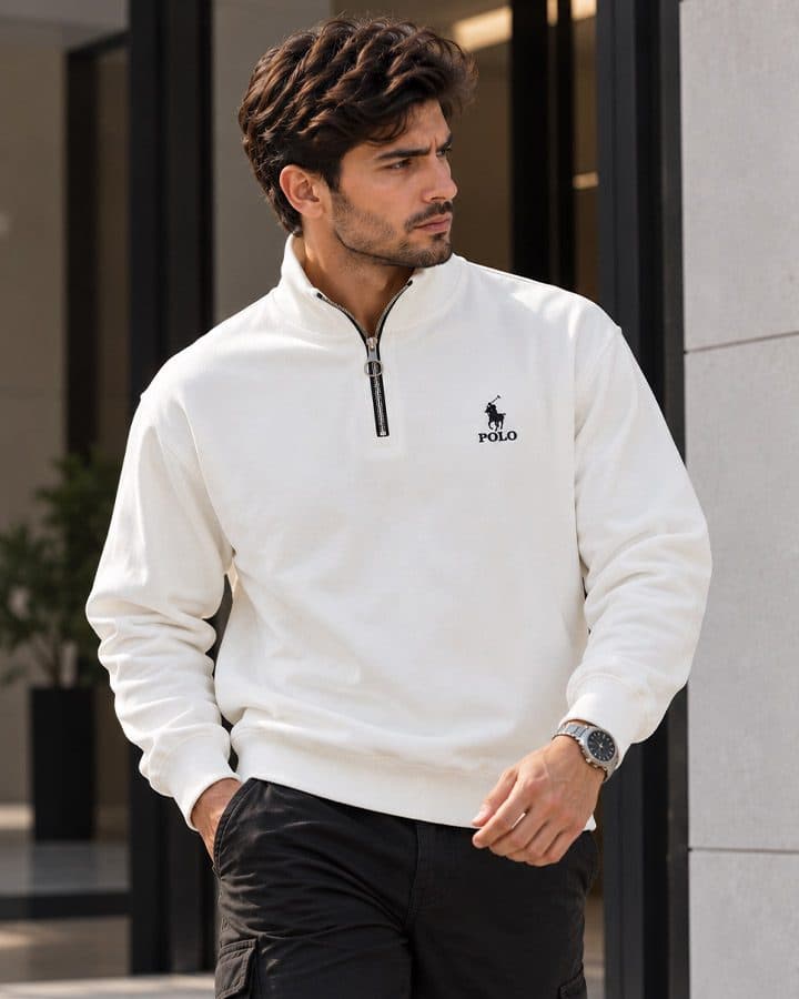 سویشرت نیم زیپ مدل POLO(تمام سفید) کد6607