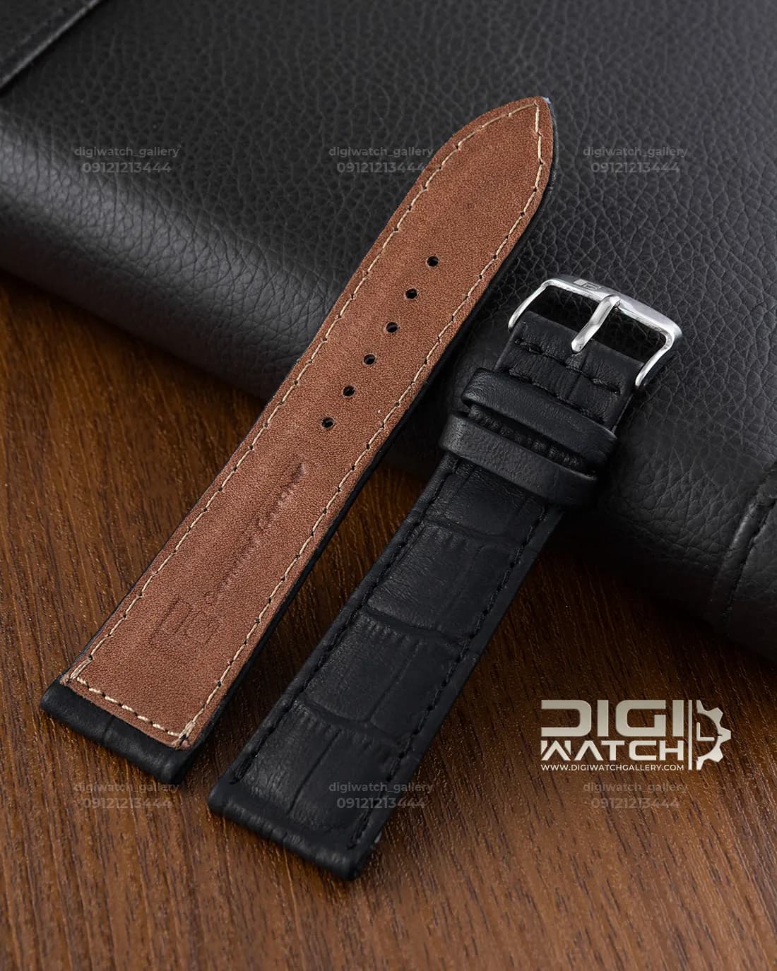 بند ساعت چرم طبیعی کروکودیل مشکی مات سایز ۲۴ میلی‌متر