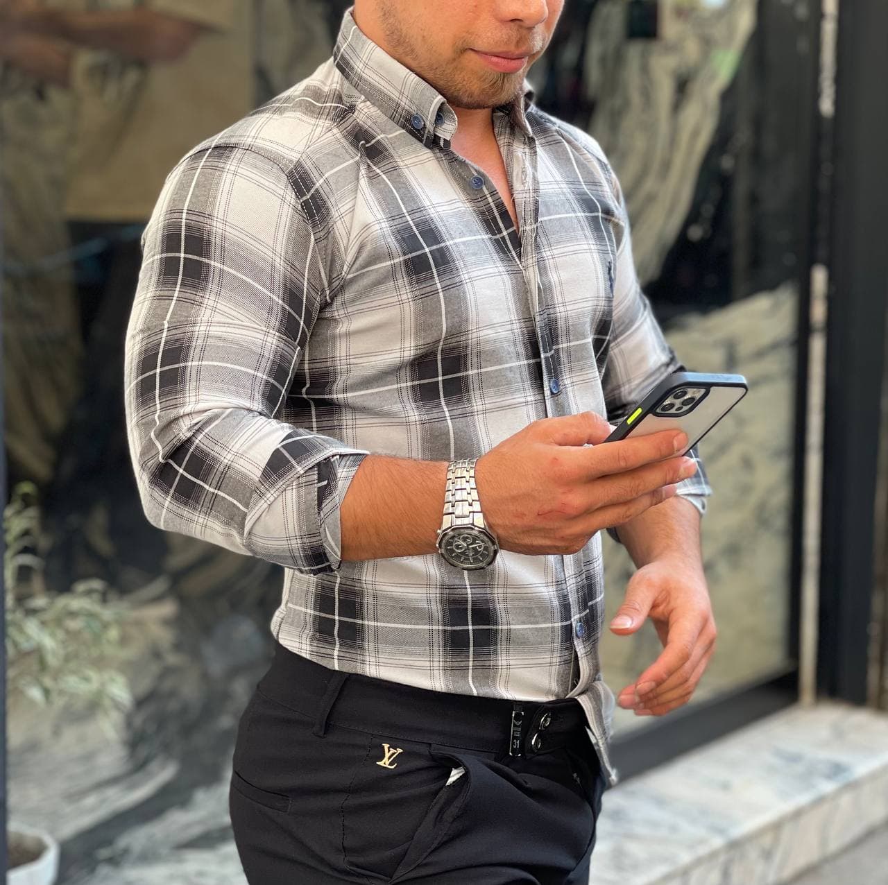 پیراهن پولو چهارخانه آستین بلند رنگ سفید