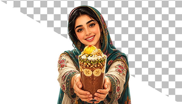 عکس دوربری شده دختر جوان ایرانی با لیوان معجون مخصوص | فایل PNG بدون پس زمینه