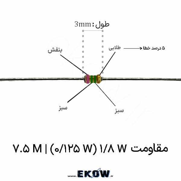مقاومت 1/8 وات 7.5 مگا اهم ( 1/8W 7.5M ) پک 100 عددی — تصویر ۲