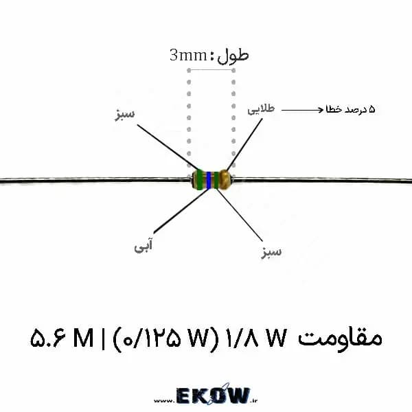 مقاومت 1/8 وات 5.6 مگا اهم ( 1/8W 5.6M ) پک 100 عددی
