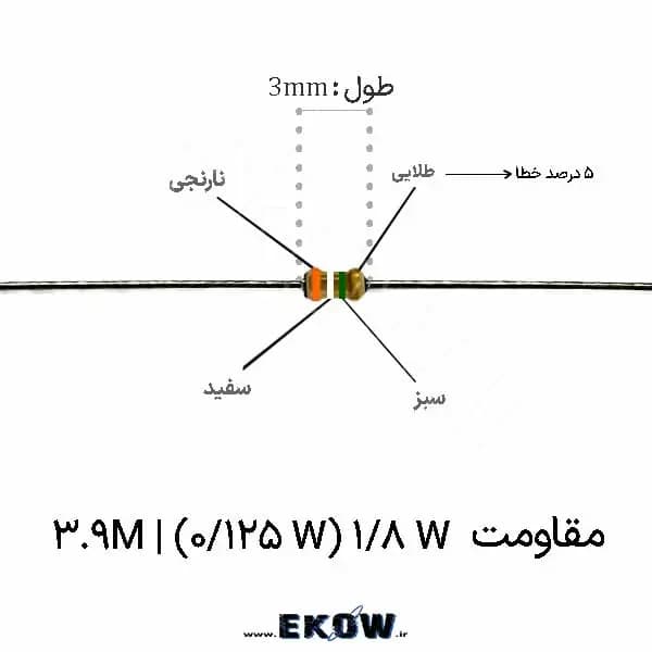 مقاومت 1/8 وات 3.9 مگا اهم ( 1/8W 3.9M ) پک 5000 عددی