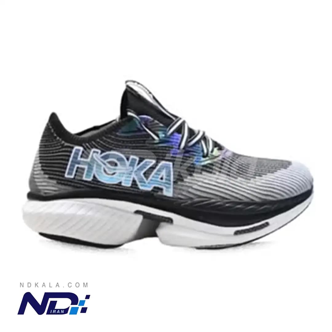 کتونی تخصصی رانینگ هوکا مدل HOKA Cielo X1 مجهز به صفحه کربن و فوم سوپرکریپتیک PEBA با جعبه بارکد دار (رنگ طوسی مشکی زیره سفید)