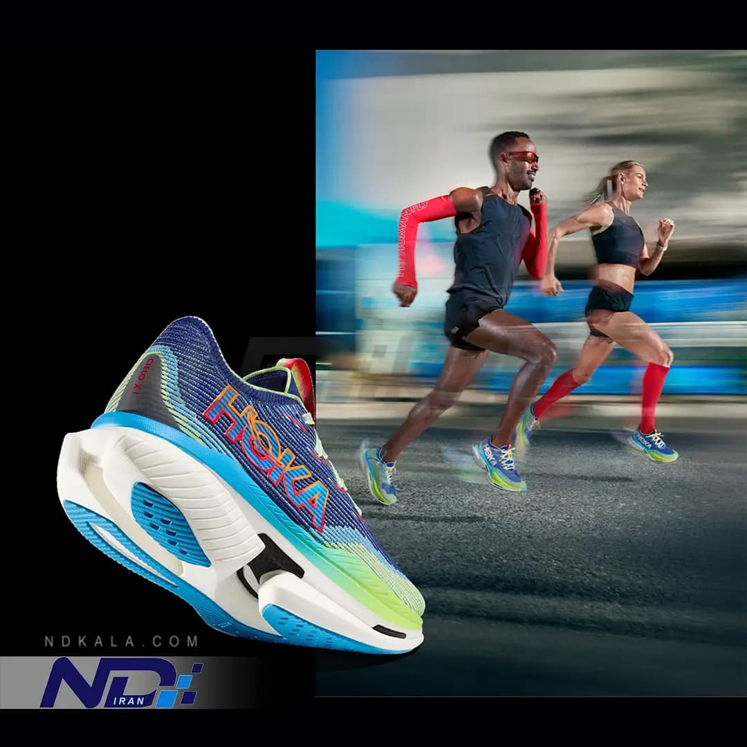 کتونی تخصصی رانینگ هوکا مدل HOKA Cielo X1 مجهز به صفحه کربن و فوم سوپرکریپتیک PEBA با جعبه بارکد دار (رنگ آبی سبز) — تصویر ۸