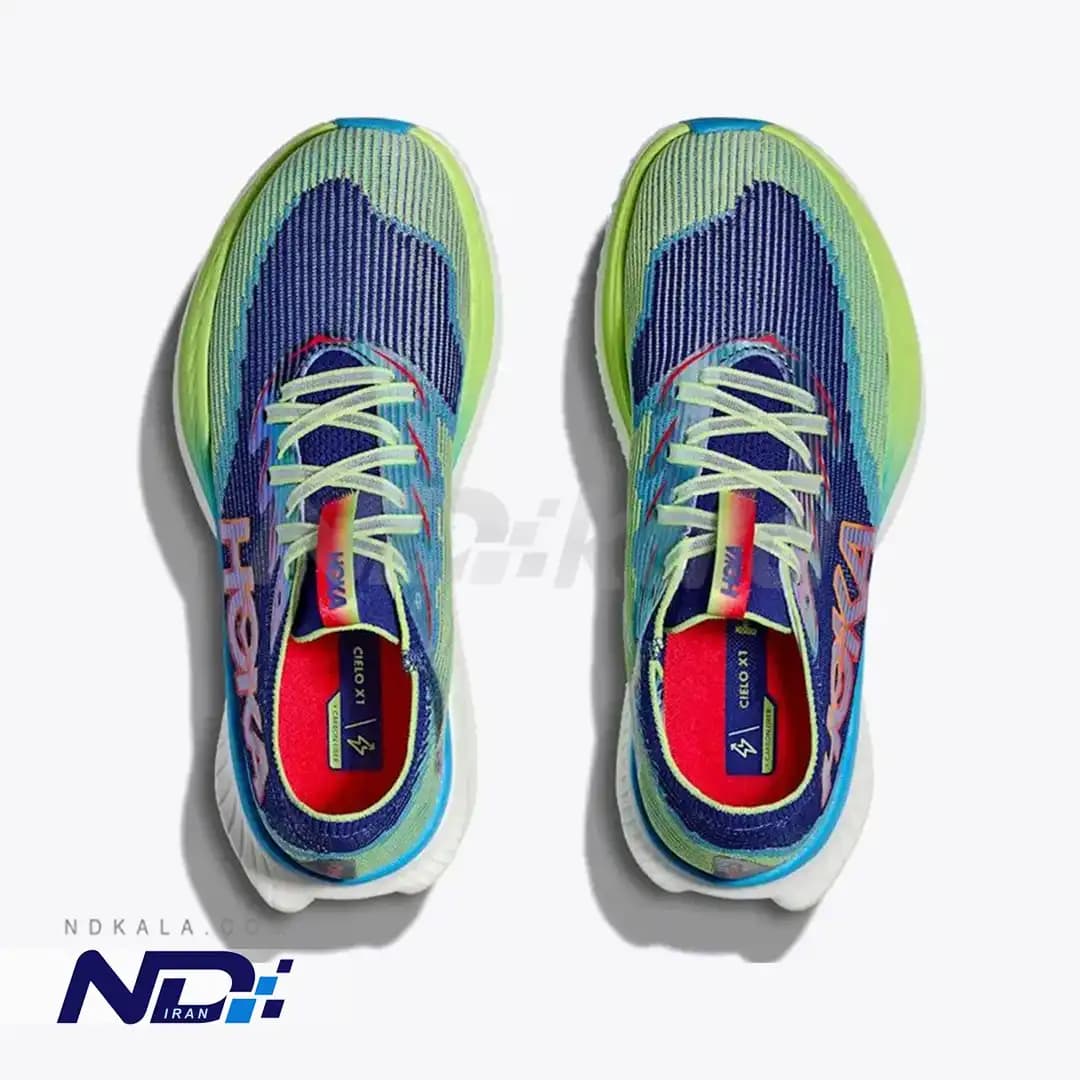 کتونی تخصصی رانینگ هوکا مدل HOKA Cielo X1 مجهز به صفحه کربن و فوم سوپرکریپتیک PEBA با جعبه بارکد دار (رنگ آبی سبز) — تصویر ۶