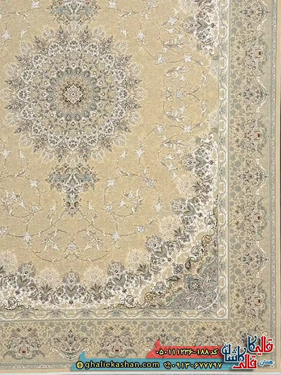 فرش کلاسیک 1200 شانه طرح مرجان رنگ بژ گل برجسته کاشان — تصویر ۳