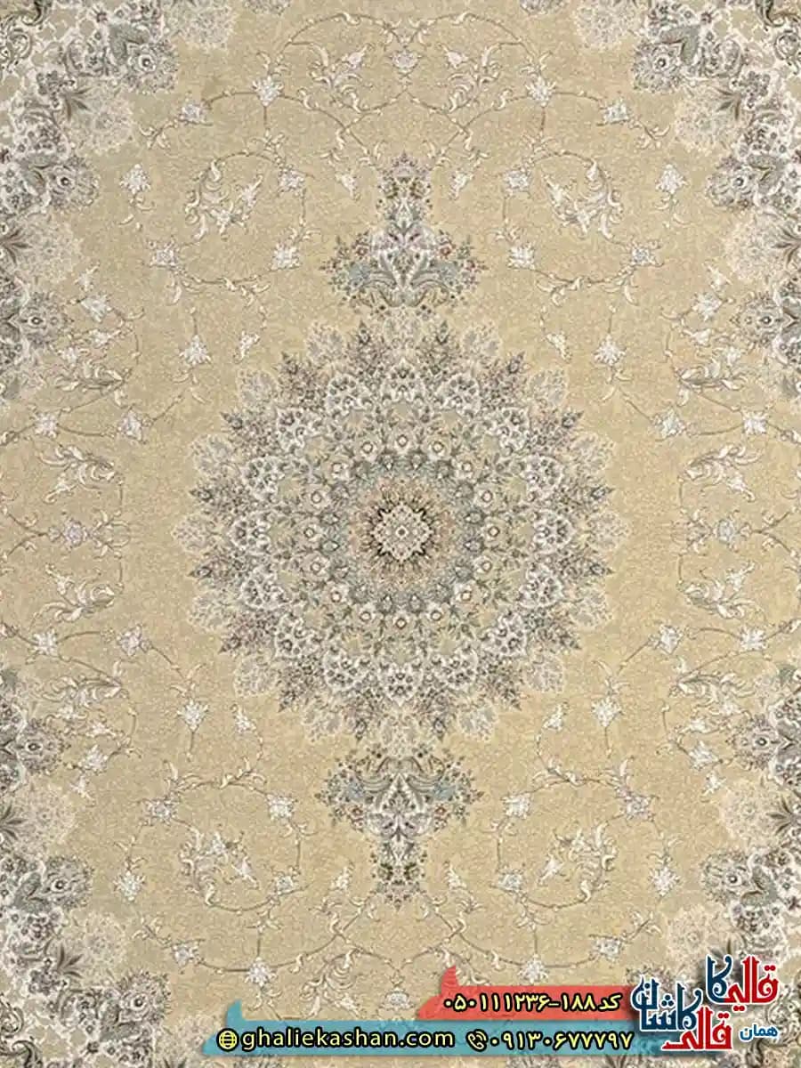 فرش کلاسیک 1200 شانه طرح مرجان رنگ بژ گل برجسته کاشان — تصویر ۴