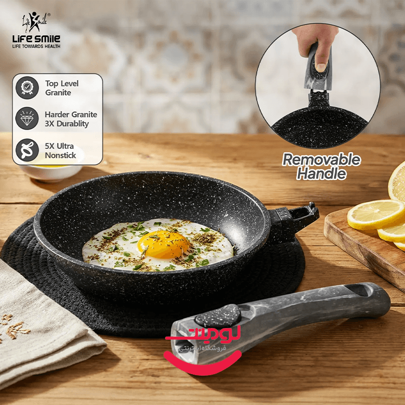 سرویس قابلمه و تابه گرانیتی ۲۴ پارچه لایف اسمایل مدل LIFEP17S-24-BLACK با دسته سیلیکونی — تصویر ۴
