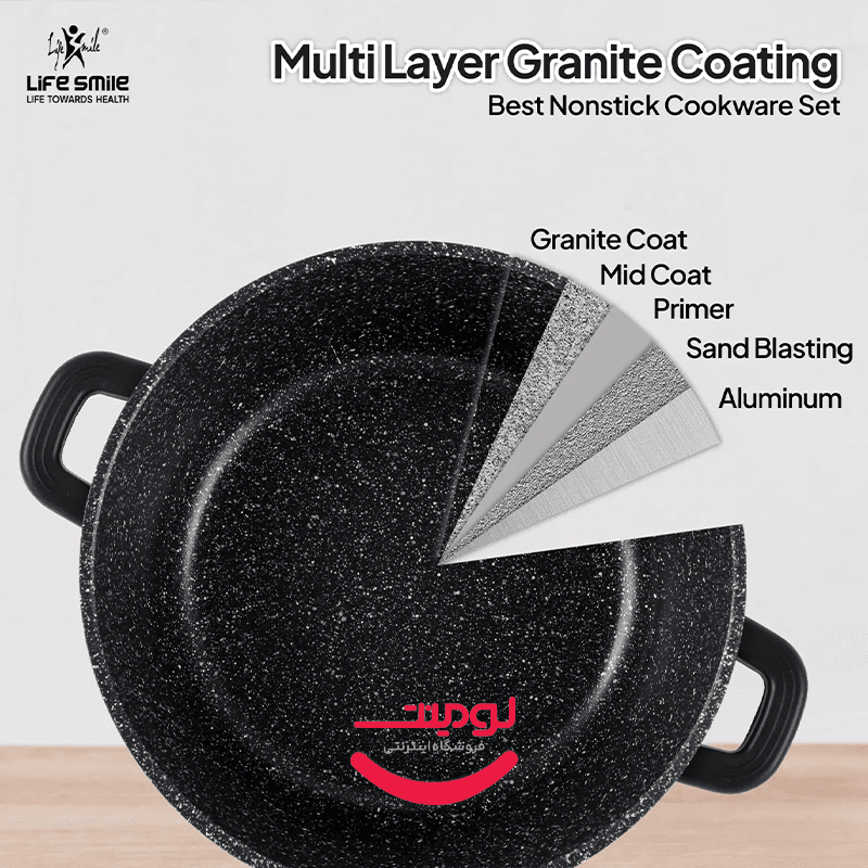 سرویس قابلمه و تابه گرانیتی ۲۴ پارچه لایف اسمایل مدل LIFEP17S-24-BLACK با دسته سیلیکونی — تصویر ۳