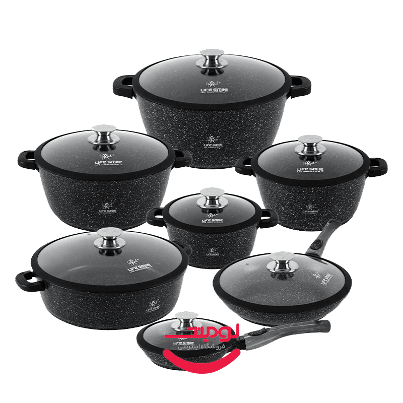 سرویس قابلمه و تابه گرانیتی ۲۴ پارچه لایف اسمایل مدل LIFEP17S-24-BLACK با دسته سیلیکونی