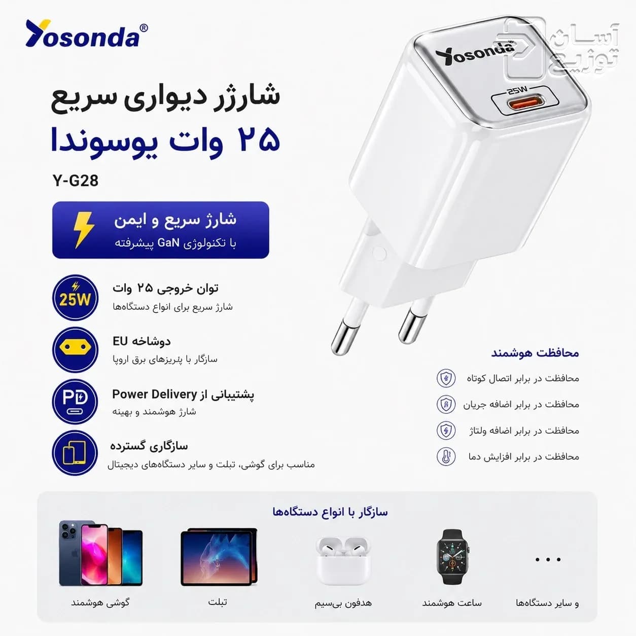 شارژر دیواری 25وات فست شارژ یوسوندا مدل Y-G28 — تصویر ۵