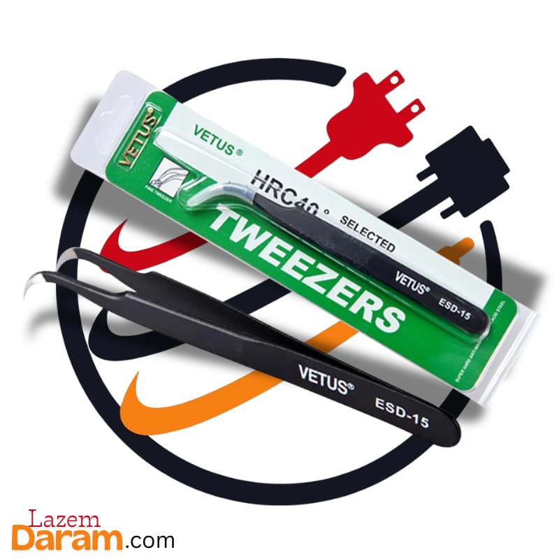 پنس سر کج VETUS مدل ESD-15 (Fine Tweezers) – استیل ضداسید، ضد مغناطیس و آنتی‌استاتیک، سختی HRC40