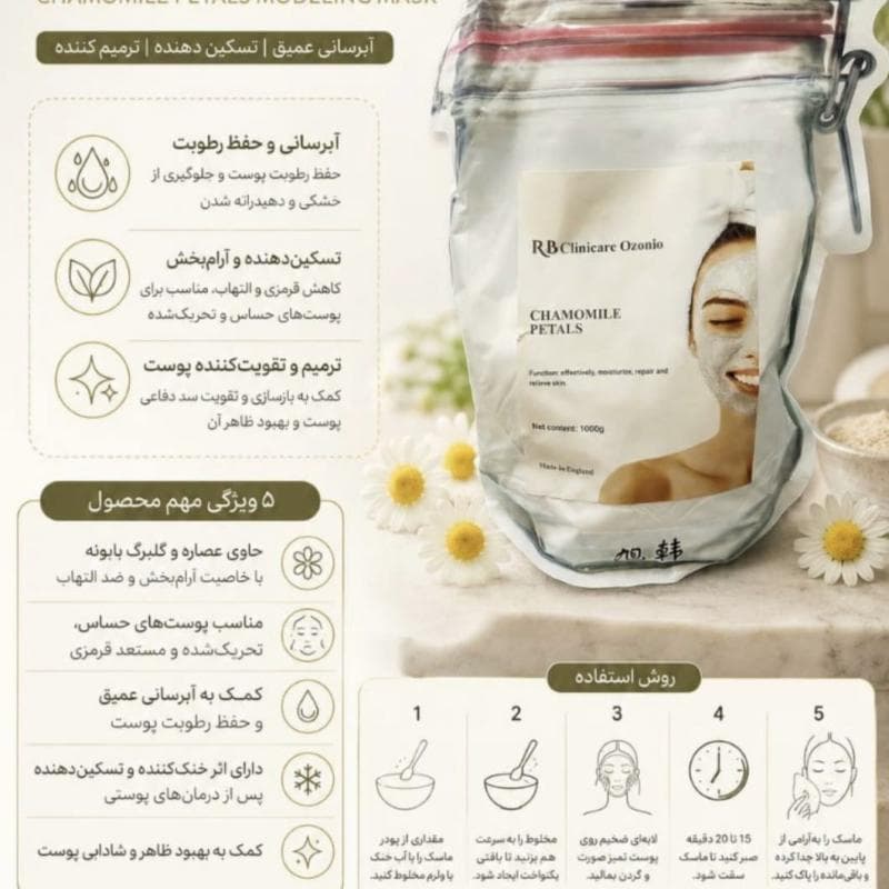 ماسک مادلینگ (ماسک گچی) بابونه اربی کلینیکر (ریوبلو) ۱۰۰۰ گرمی RB CLINICARE — تصویر ۲