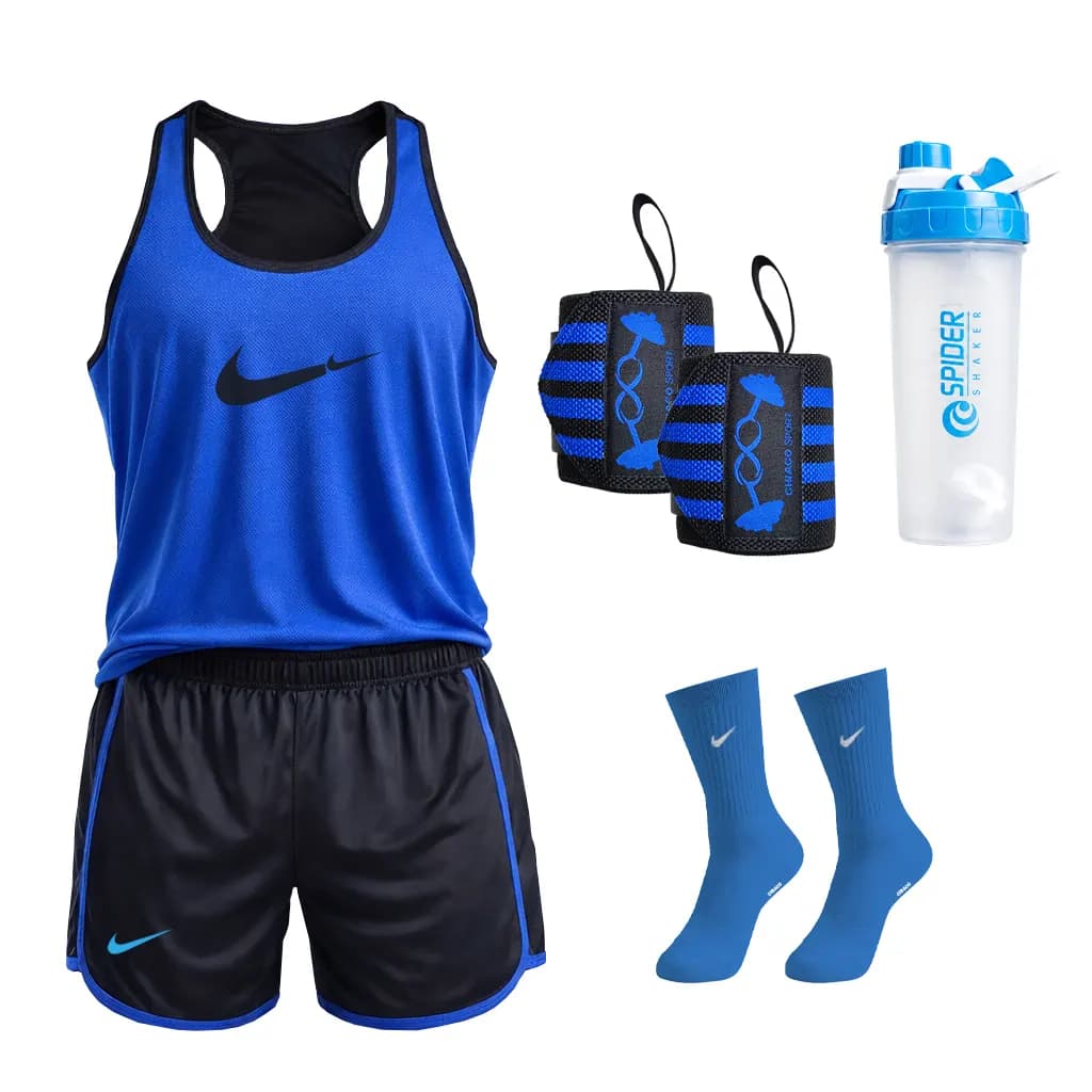 ست ورزشی پکیج مردانه نایک | رکابی + شلوارک + مچ بند + شیکر + جوراب NIKE