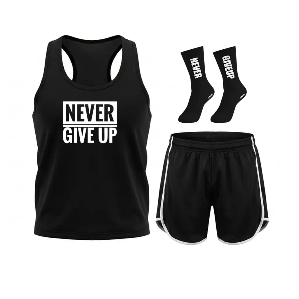 ست 3 تکه لباس ورزشی مردانه چیاکو مدل NEVER GIVEUP | رکابی شلوارک جوراب