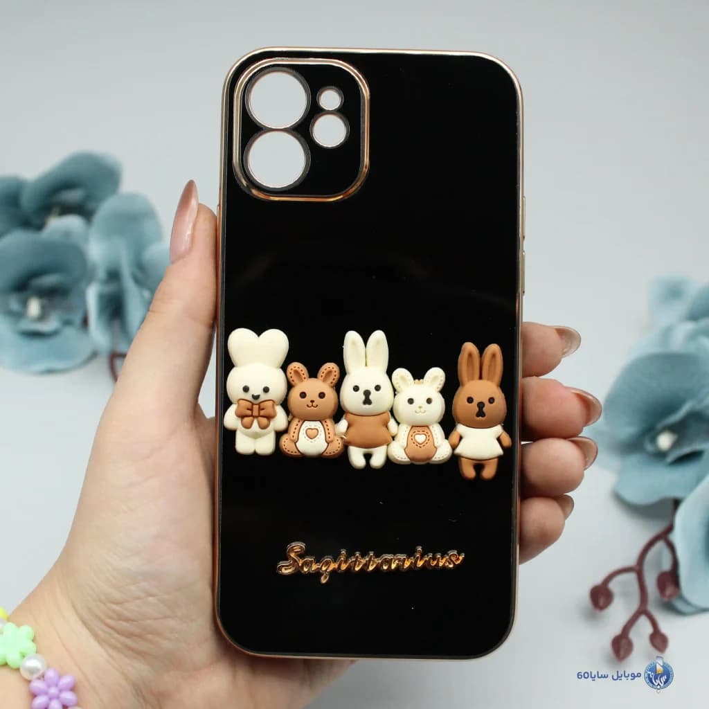 قاب گوشی IPHONE 12 اپل مدل عروسکی برجسته طرح خرگوش مشکی — تصویر ۳