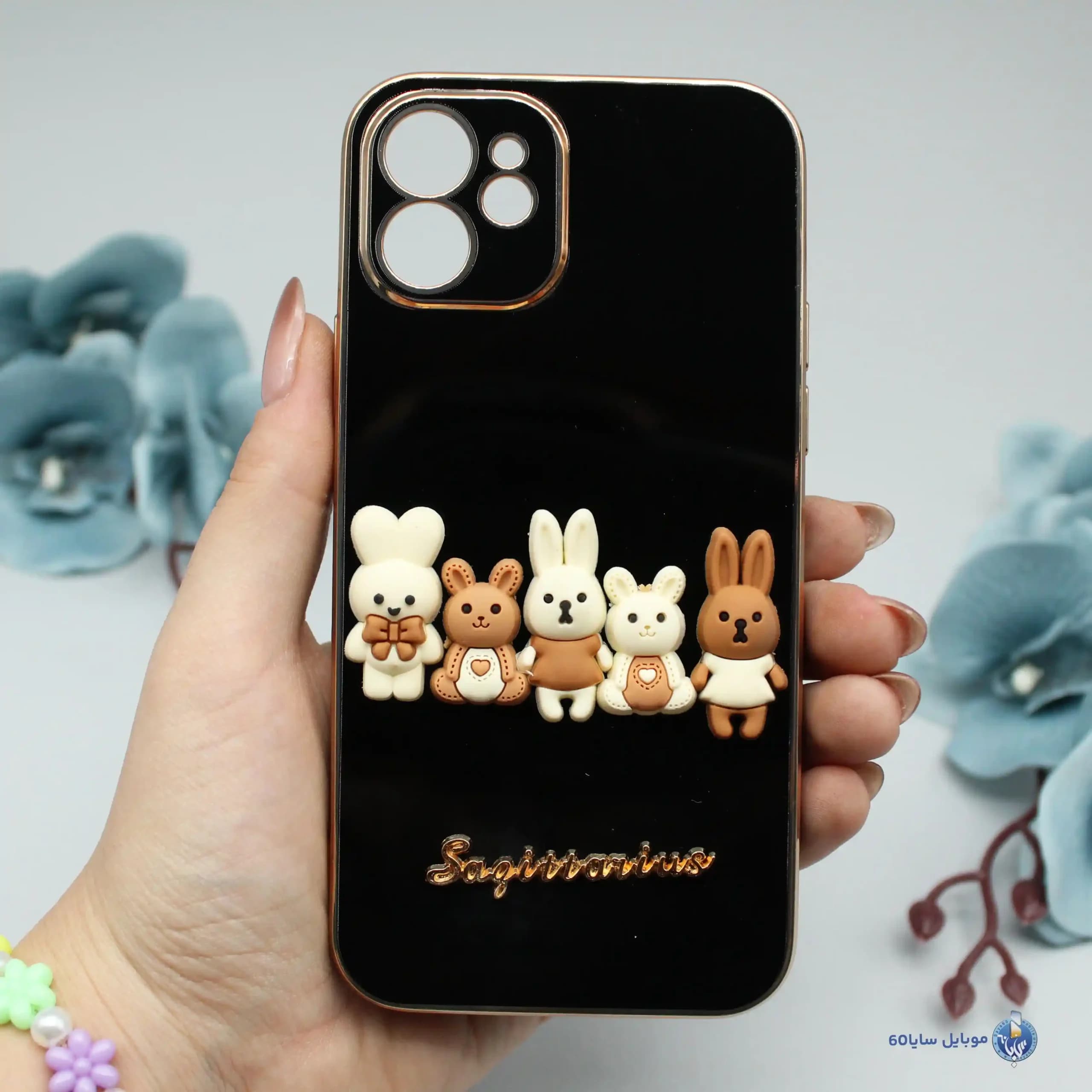 قاب گوشی IPHONE 12 اپل مدل عروسکی برجسته طرح خرگوش مشکی