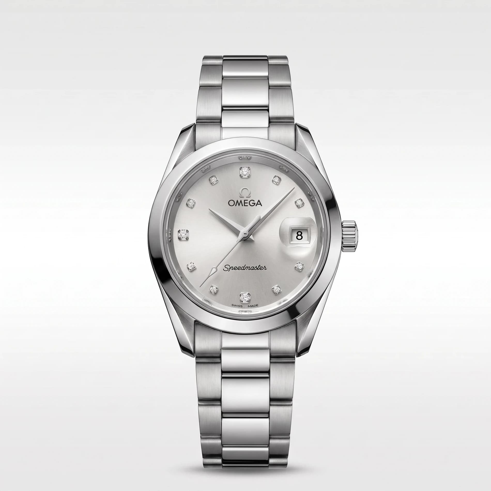 ساعت مچی زنانه امگا SPEEDMASTER مدل OMEGA-2362 بند استیل نقرهای صفحه سفید صدفی نگیندار