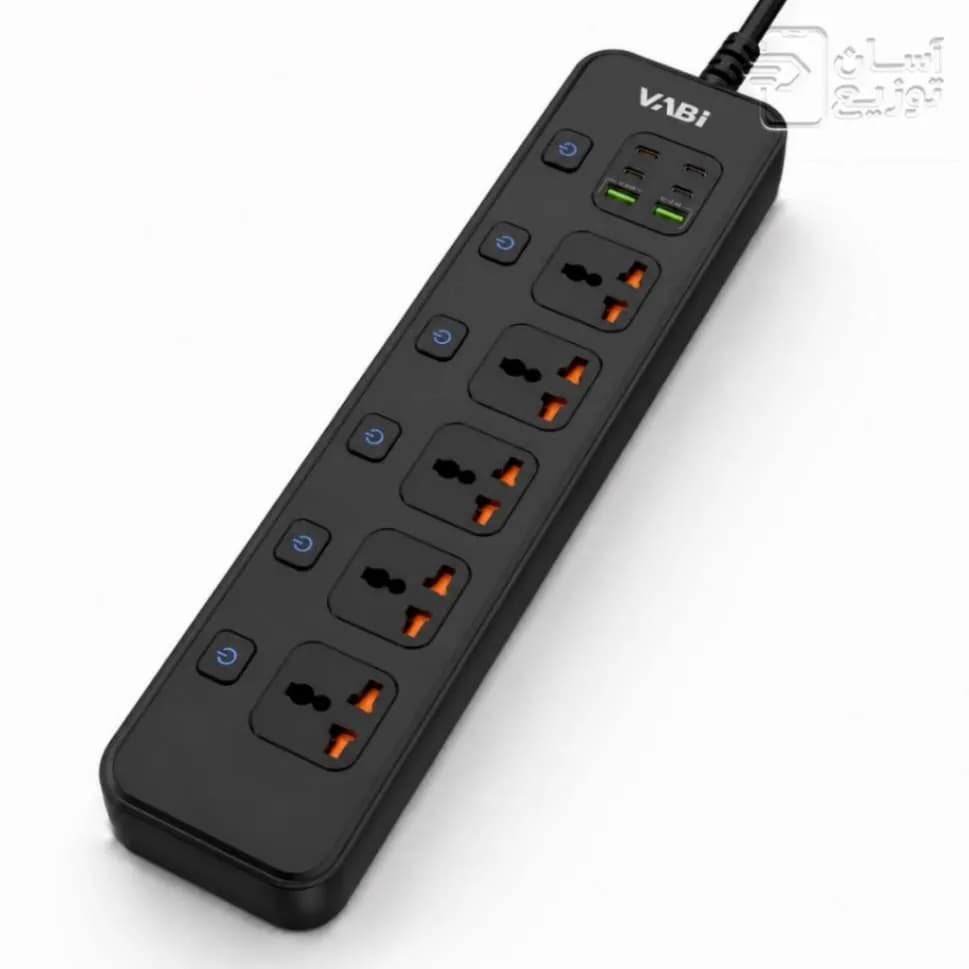 چندراهی محافظ ولتاژ و شارژر وابی VABI مدل PS3 با ۵ خروجی برق + ۲ USB و ۴ Type‑C