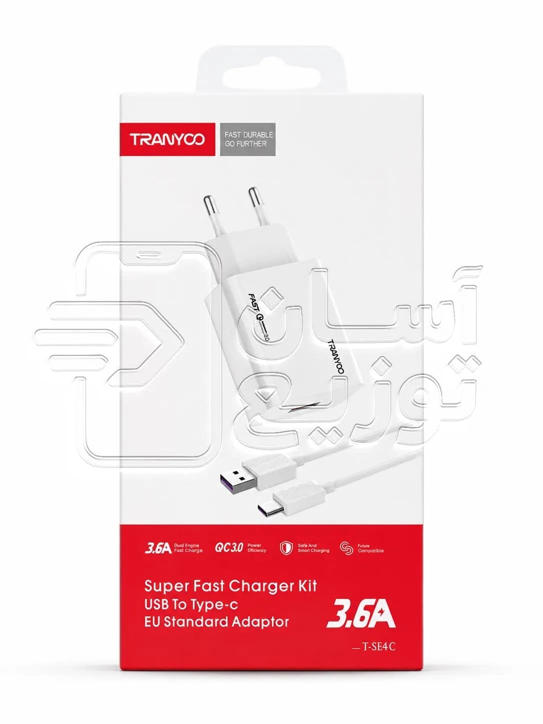 مجموعه شارژر تایپسی ترانیو Tranyoo مدل T-SE4C آداپتور 3.6 آمپر + کابل شارژ تایپسی با گارانتی 6ماهه آسان توزیع — تصویر ۲