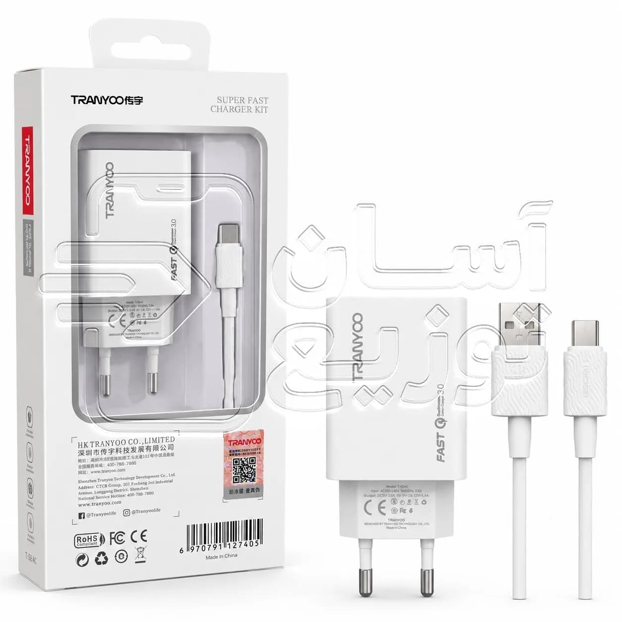 مجموعه شارژر تایپسی ترانیو Tranyoo مدل T-SE4C آداپتور 3.6 آمپر + کابل شارژ تایپسی با گارانتی 6ماهه آسان توزیع — تصویر ۳