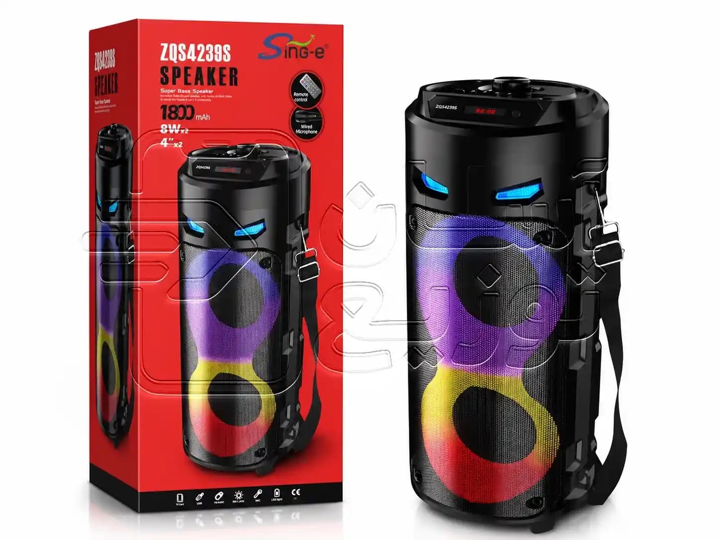 اسپیکر/ پارتی باکس بلوتوثی sing-e مدل ZQS 4239 S + میکروفون + ریموت کنترل + بند آویز + کابل شارژ — تصویر ۲