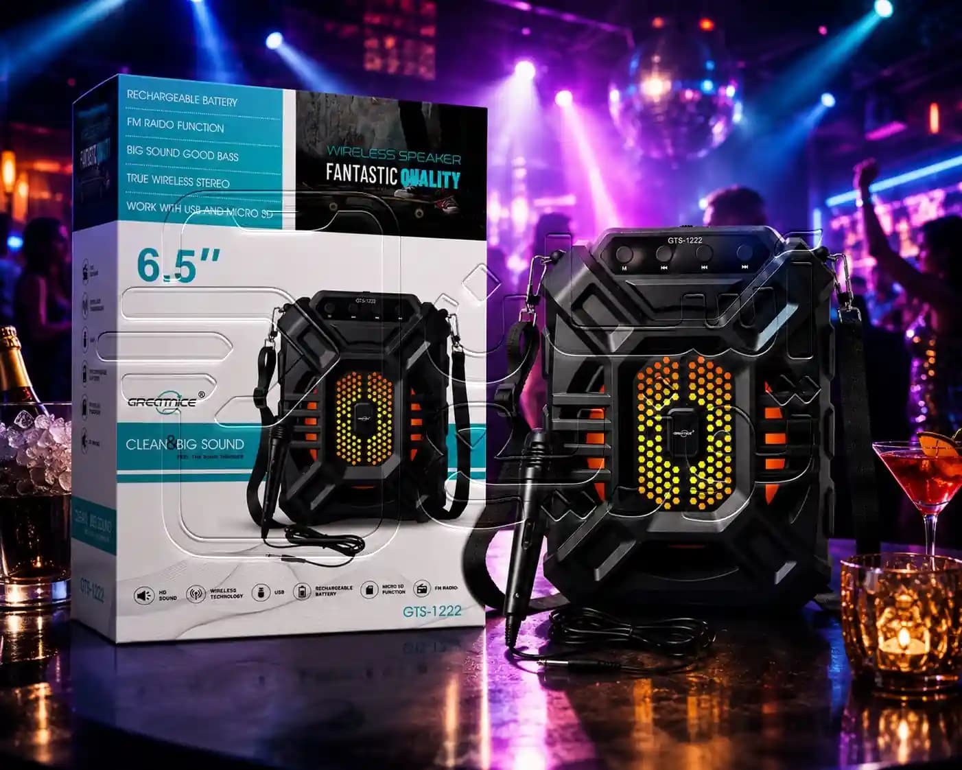 اسپیکر بلوتوثی Great nice مدل GTS-1222 + به همراه میکروفون + بند آویز — تصویر ۶