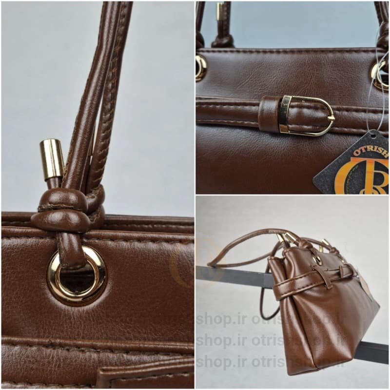 کیف دخترانه چرمی کشیده سگکدار (چرم صنعتی لئو، بند دستی گرهای، ابعاد ۳۰x۷x۱۴) — تصویر ۳
