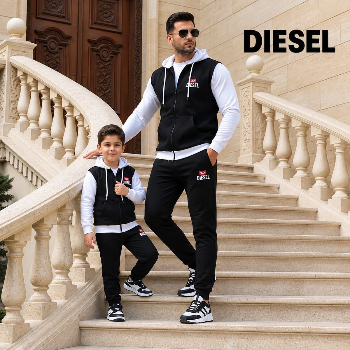 ست سویشرت شلوار کلاهدار پدر پسری مشکی سفید Diesel مدل 2131