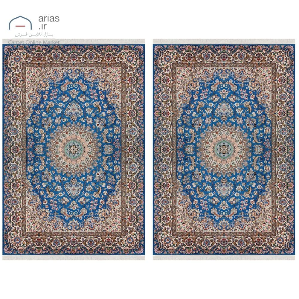 جفت فرش دستباف نایین ۶ متری آبی نقشه لچک و ترنج ۹ لا گل ابریشم کد D28199
