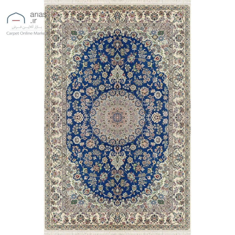 فرش دستباف نایین آبی نقشه لچک و ترنج ۹ لا گل ابریشم – ۶ متری کد D28195